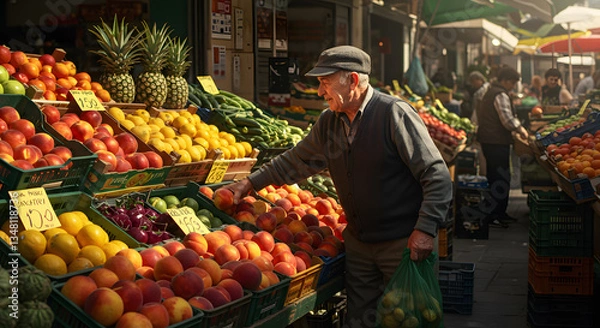 Obraz A person at a tropical open-air market. The golden sunlight illuminates the vibrant atmosphere of the market, which is filled with a variety of fresh fruits.