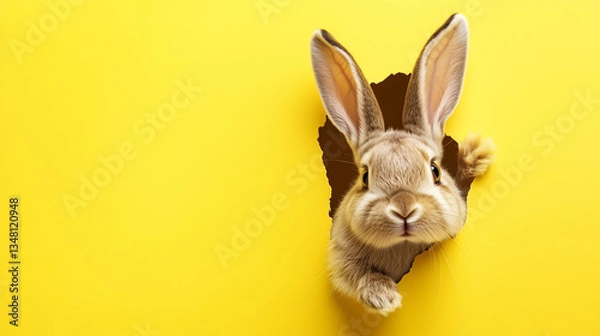 Obraz 黄色い壁から顔を出すウサギの可愛らしい表情