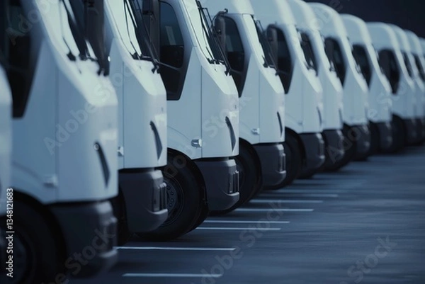 Obraz Side View of Modern White Trucks in Organized Parking Lot