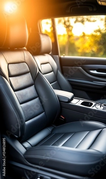 Fototapeta the inside of a car with a steering wheel and leather seats