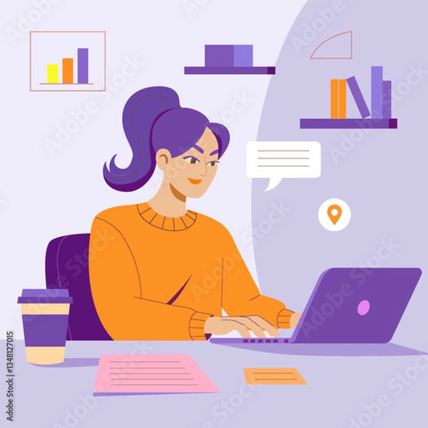 Fototapeta Illustration of a Woman Working on a Laptop in a Creative Office Environment