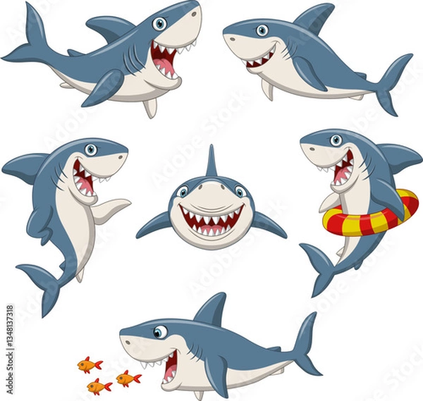 Obraz Cartoon funny shark collection set