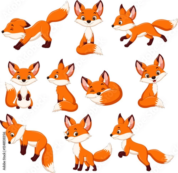 Fototapeta Cartoon fox collection set isolated on white background