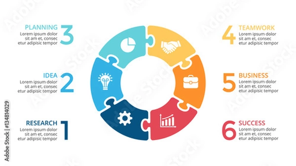 Obraz Wektor infografika ze strzałkami w kształcie koła, schemat cyklu, wykres układanki, wykres prezentacji. Koncepcja biznesowa z 6 opcjami, częściami, krokami, procesami.