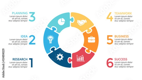 Fototapeta Wektor infografika ze strzałkami w kształcie koła, schemat cyklu, wykres układanki, wykres prezentacji. Koncepcja biznesowa z 6 opcjami, częściami, krokami, procesami.
