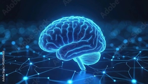 Fototapeta Illustration of human brain on blue neon background with network connections. 3D render shows structure of mind, concept of neural network, technology, medicine. Modern design for science, tech,