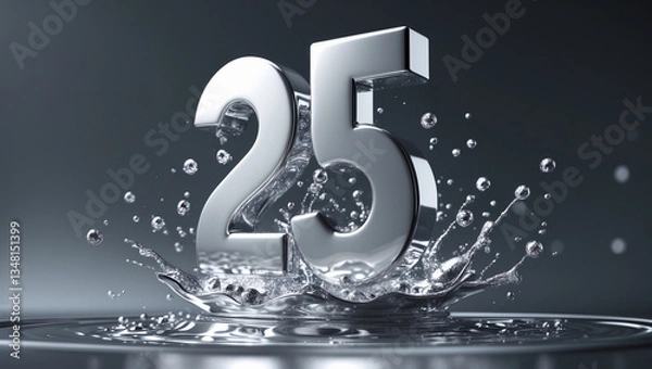 Fototapeta 3D metallic number 25 falling with water splash, anniversary concept