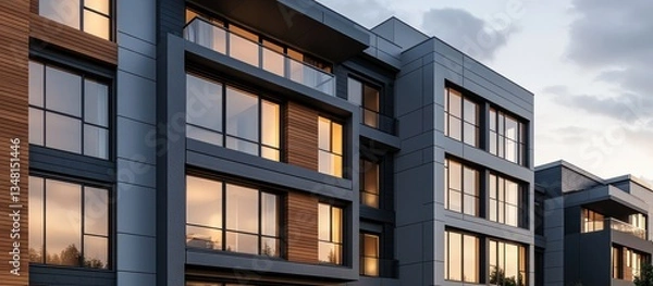 Fototapeta Modern Residential Exterior with Unique Architectural Design Elements, Luxury and Sophistication, Versatile for Commercial and  Use