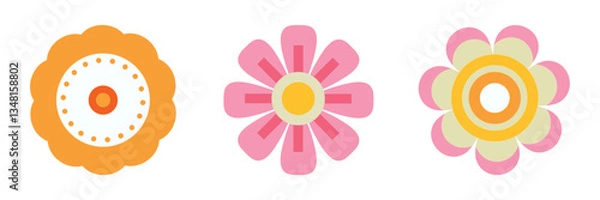 Fototapeta Set of Simple Flower Illustrations Orange, Pink Geometric, and Retro Concentric
