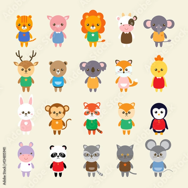 Fototapeta Set of animals cartoon vector illustration. A collection of small lovely and funny animals logo, icons or mascots. Little animals in the children's book character style.
