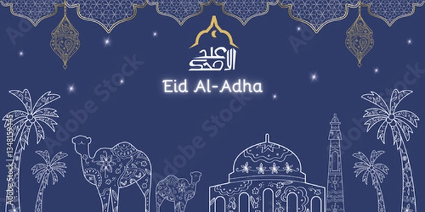 Fototapeta Eid Al adha concept background greeting card Illustration. Adha Mubarak arabic islamic festival design background template with line art and calligraphy.