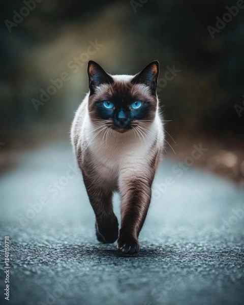 Obraz Siamese cat walking gracefully on a path in nature captivating photography outdoor adventure close-up perspective