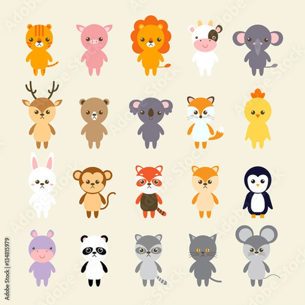 Fototapeta Set of animals cartoon vector illustration. A collection of small lovely and funny animals logo, icons or mascots. Little animals in the children's book character style.