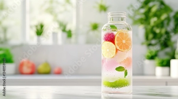 Fototapeta Refreshing layered fruit infused water in a glass bottle.  The drink is garnished with colorful fruits and herbs, creating a visually appealing and healthy beverage
