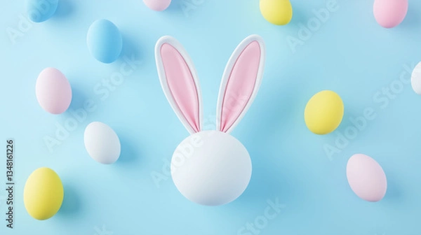 Fototapeta 水色青い背景にイースターバニーの耳とカラフルな卵が散りばめられたデザイン