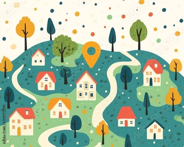 Obraz A whimsical, detailed illustration of houses and trees with a prominent location pin, ideal for creating custom map designs or navigation graphics