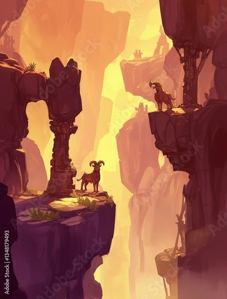 Obraz Rams on Sunset Canyon Cliffs