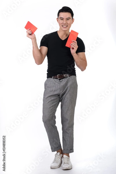 Obraz man holding red envelope