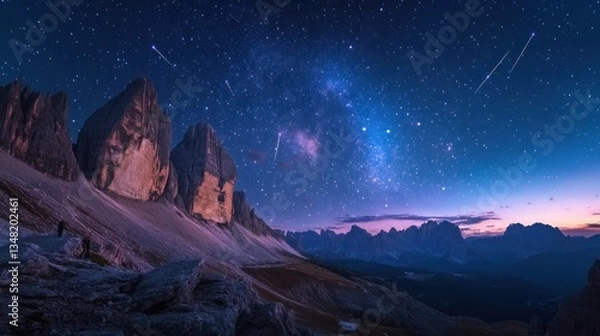 Fototapeta Mountain peaks under a vibrant night sky with milky way, hikers in distance