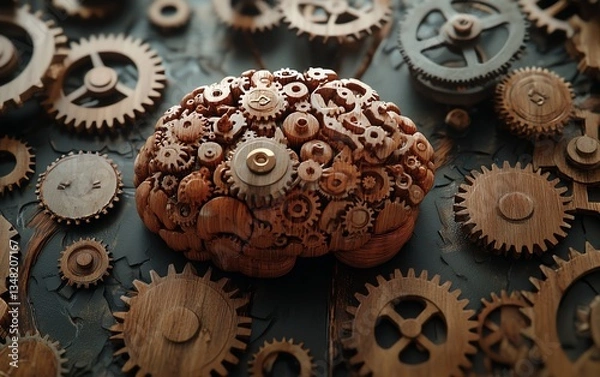 Fototapeta Wooden gears swirling around a human brain, representing autism and neurodiversity, creative thinking, and individuality, highresolution, 4K