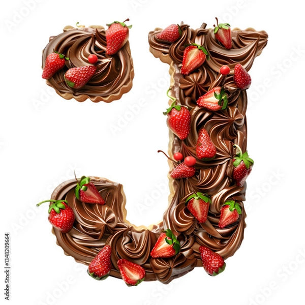 Fototapeta Letters J, Alphabet Made of Cake with Chocolate Icing and Strawberry Decorations isolated on a transparent background
