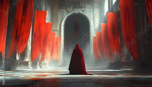 Fototapeta A cloaked figure kneels in a grand, dimly lit hall adorned with crimson banners, creating a mysterious and solemn atmosphere