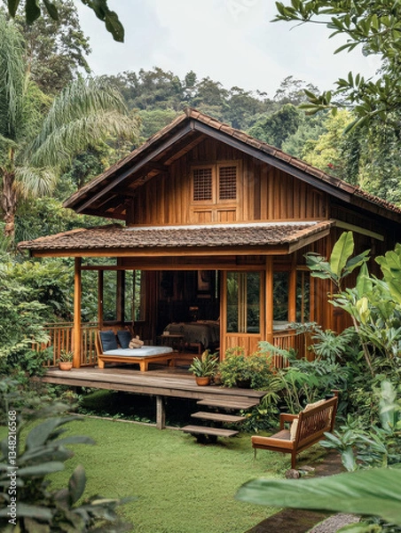 Fototapeta Gazebo and wooden house surrounded by trees in a garden and forest setting