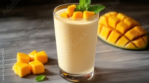 Fototapeta Refreshing Mango Smoothie in Glass with Vibrant Tropical Fruit Slice