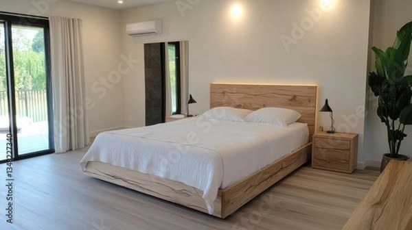 Fototapeta Cozy Bedroom with Soft Bed and Bright Large Window Inviting Natural Light