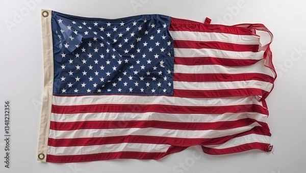 Obraz A wrinkled American flag displayed flat, showcasing its red, white, and blue colors.
