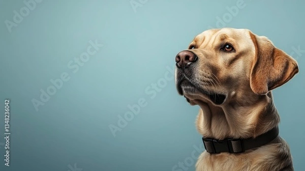 Obraz Labrador Retriever Headshot Looking Upward with Collar Against Soft Blue Backdrop