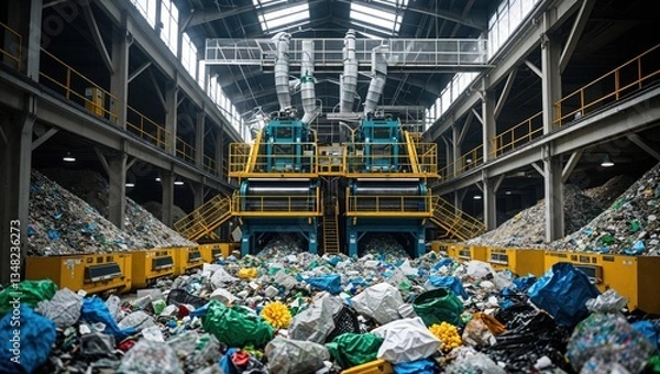 Obraz A recycling facility with large machines and heaps of sorted waste materials.