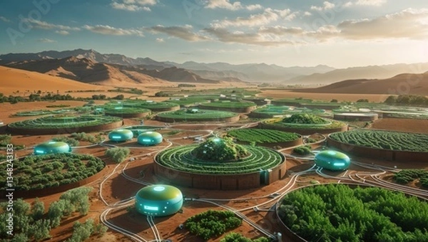 Obraz A futuristic agricultural settlement with circular farms in a desert landscape.