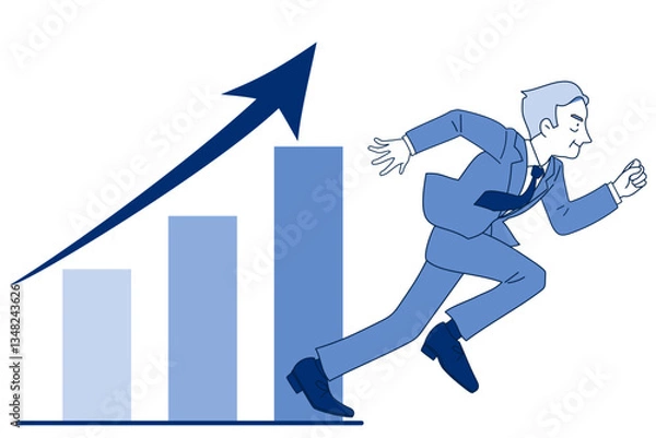Fototapeta 業績が上がっていく右肩上がりの棒グラフと颯爽と勢いよく走るサラリーマン　ミドル　シニア　上司　社長