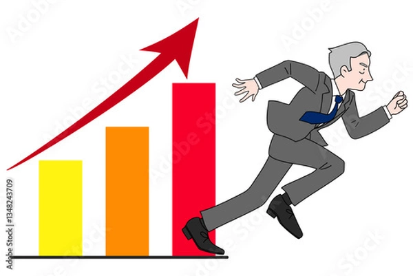 Fototapeta 業績が上がっていく右肩上がりの棒グラフと颯爽と勢いよく走るサラリーマン　ミドル　シニア　上司　社長