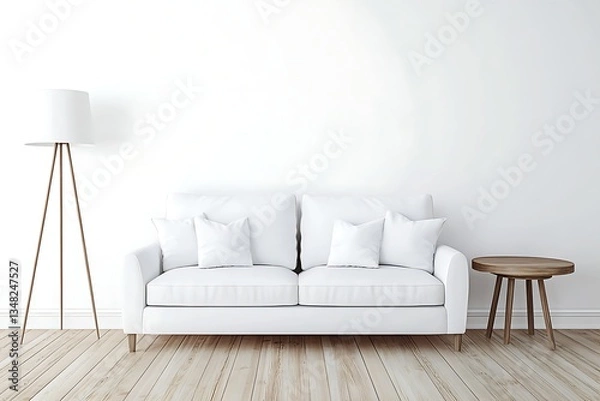 Fototapeta Modern white living room sofa with lamp and side table.  Interior design mock-up for catalog use