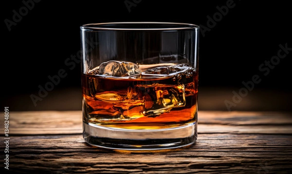 Fototapeta Close-up of amber whiskey on the rocks in a rocks glass, sitting on a rustic wooden surface.  Perfect for beverage, alcohol, or lifestyle concepts.