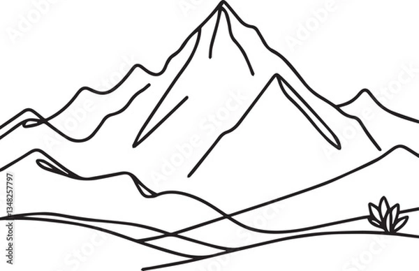 Fototapeta Mountain Range Landscape Continuous Line Art – Black Vector