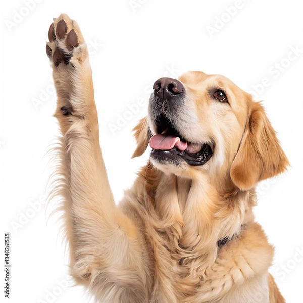 Fototapeta Golden retriever raising its paw on a black background looking upwards