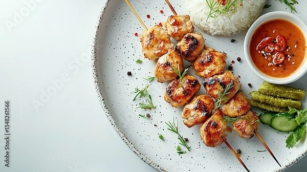 Fototapeta Delicious grilled chicken skewers served with rice and accompaniments on a plate