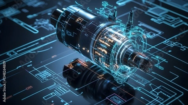 Obraz A detailed cross sectional diagram of an induction motor featuring neon like highlights and annotations that provide insight into the inner workings and components of this industrial