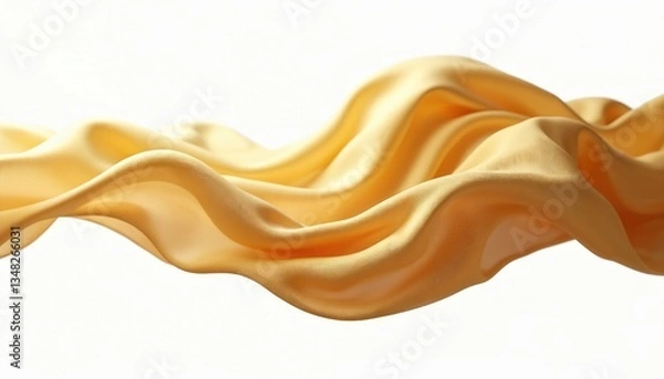 Fototapeta Golden flying fabric, 3d wave cloth. Elegant flowing silk satin textile isolated on white background. Dynamic, soft smooth curves, garment material in motion, wind effect.