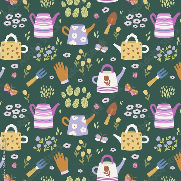 Fototapeta Hand drawn pattern with tulips, watering cans, butterflies. Garden theme. Seamless vector pattern for wrapping paper, wallpaper, fabric.