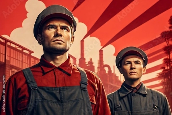 Obraz Vintage Style of Industrial Workers Overlooking Factory, Retro Propaganda Art, Symbolizing Strength and Unity