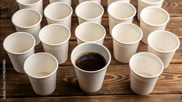 Fototapeta Multiple empty cups with one filled cup of coffee on wooden table