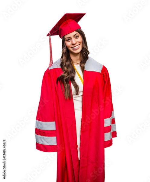Obraz A portrait of a beautiful young hispanic female college or high school graduate in her cap and gown isolated on a white background