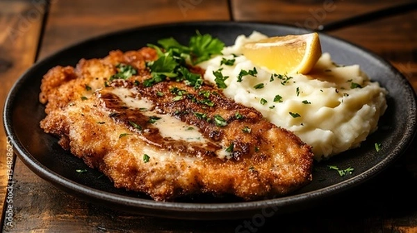 Fototapeta A perfectly crispy Argentine milanesa (breaded beef cutlet) served with mashed potatoes and a fresh lemon wedge, presented on a rustic plate