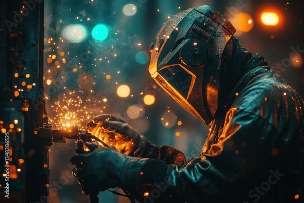 Fototapeta Welder creates glowing sparks while joining metal pieces together