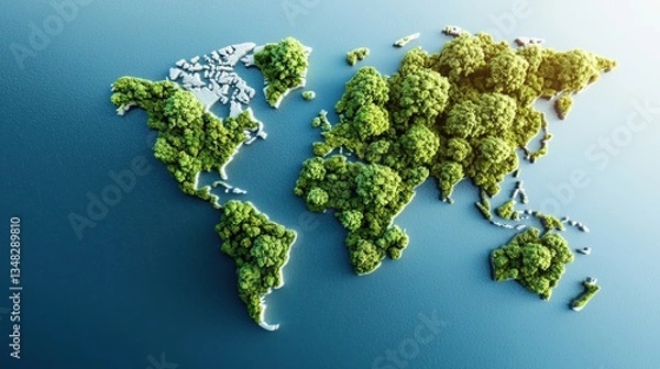Fototapeta Green World Map: 3D Block Rendering of Lush Green Global Terrain
