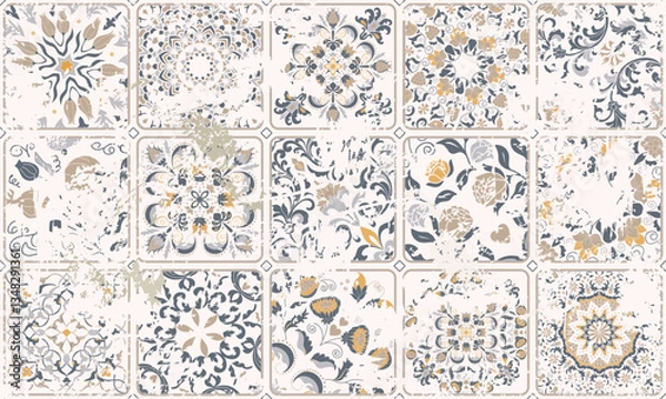 Fototapeta Seamless vintage rug with an effect of attrition. Damask carpet. Hand drawn seamless abstract pattern with eastern motifs. vector illustration